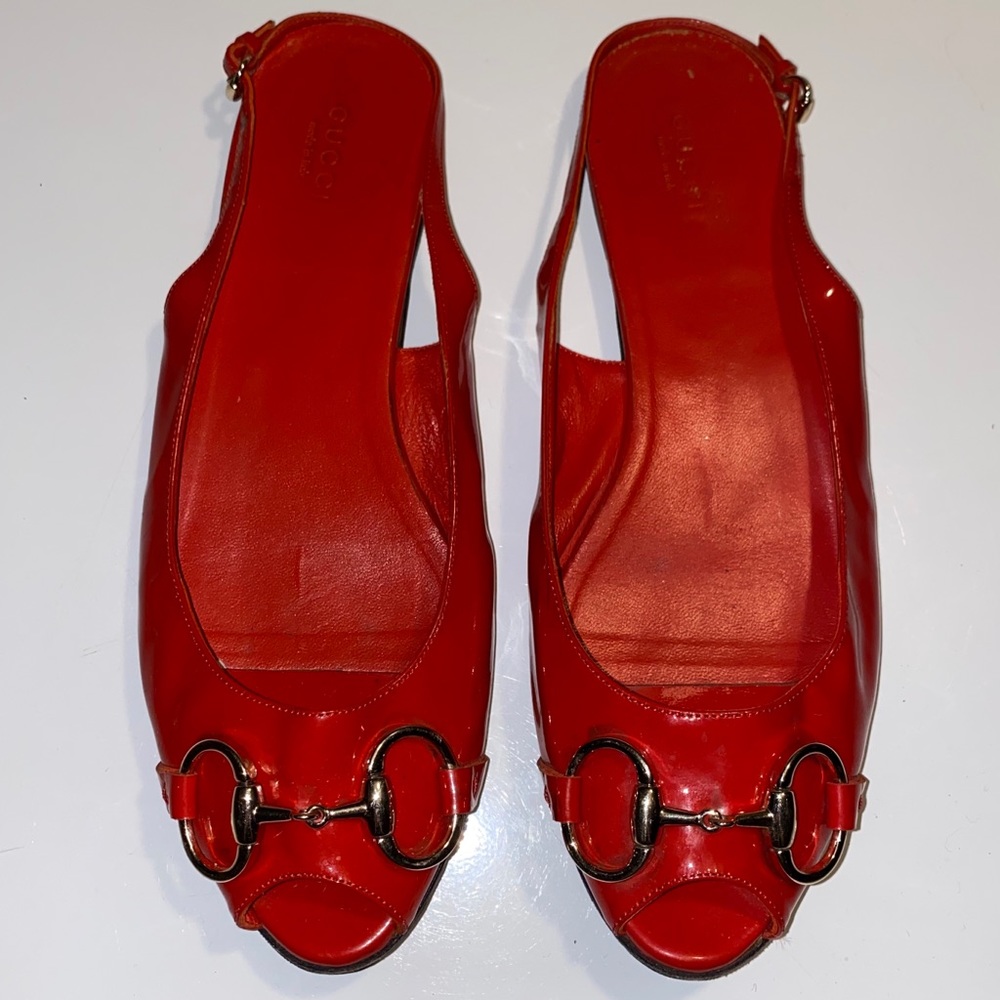 Gucci Horsebit Red Patent Slingback Sandal Flats